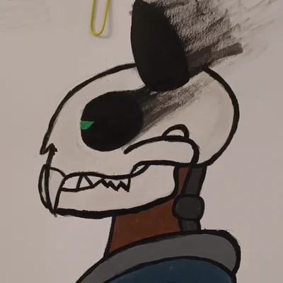 A painting of my sona, a side-profile of a cat skull with smokey eye sockets and ears with a green pupil. It has a wood and metal neck, and is wearing a hoodie with a grey hood, white drawstrings, and the hoodie is dark-grey blue.